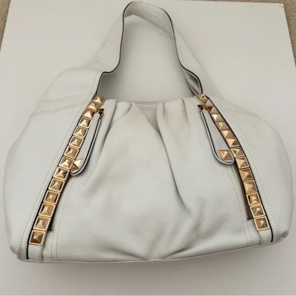 b. makowsky White Hobo Bag with Gold Studs